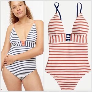 Jcrew V-neck crisscross one-piece in textured stripe Blue Red Sz 8